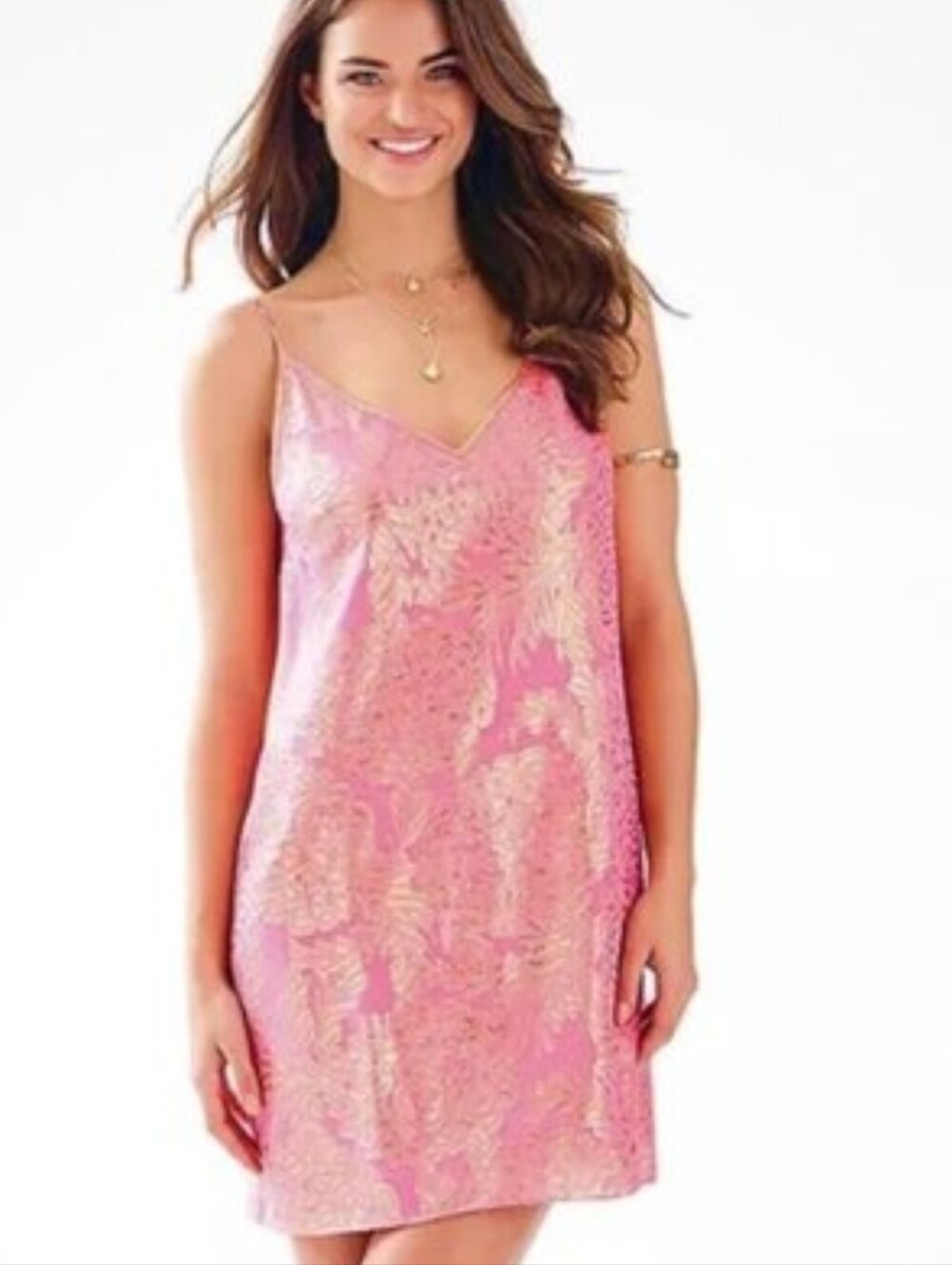 Lilly Pulitzer Lela Gold Coral Pink Floral Satin Slip Dress